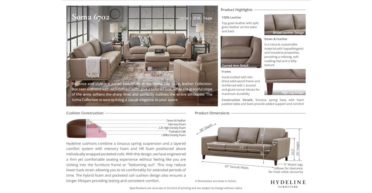Soma Leather Sofa Collection, Taupe Brown